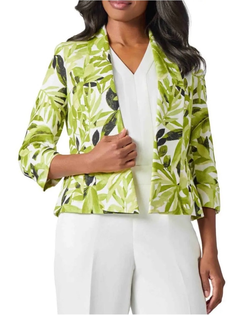 Kasper Green Leaf-Print Linen Blend Open-Front Blazer
